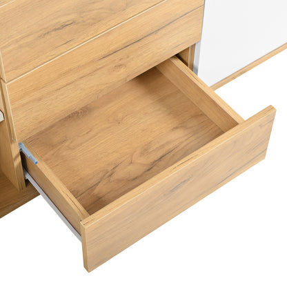 TV-Schrank, niedriges Paneel in Weiß und Holzfarben, TV-Möbel, die an die Wand gehängt oder auf den Boden gestellt werden können