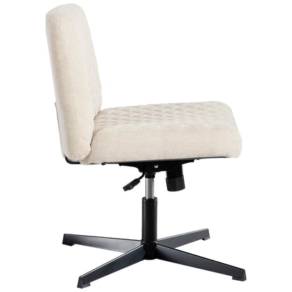 Bürostuhl Ohne Armlehnen,Home Office Stuhl Keine Räder,Heavy Duty Metallbasis,120°Schaukelnder breiter Sitz Ergonomischer Stuhl, Dicken gepolsterte Dreh Eitelkeit Stuhl für Heim und Büro Cream+Linen+Metal