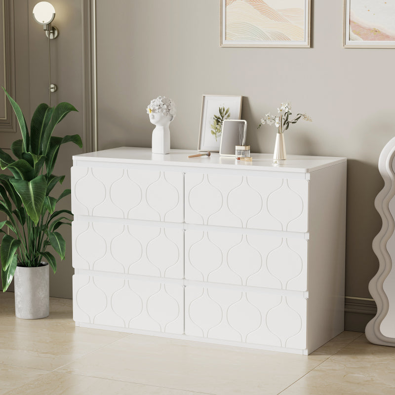 Kommode mit 6 Schubladen, Flurschrank, für Wohnzimmer, Bad und Schlafzimmer, Wellenmuster, lackiert, stoßfestes Eckdesign, 6 Fächer, 110 B x 40 T x 72 H, weiß