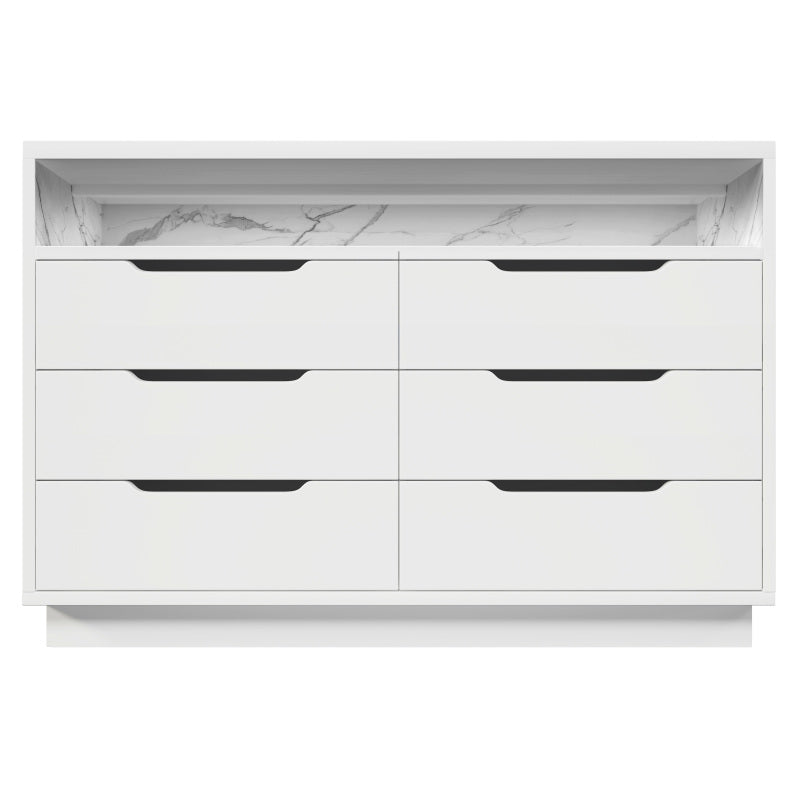 Sideboard, Kommode mit LED-Beleuchtung und 6 Schubladen, Staufach mit Marmorkorn, Moderner Schrank für Wohnzimmer und Schlafzimmer, 120x40x85cm, Weiß