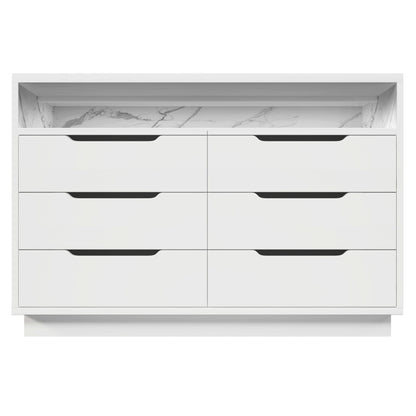 Sideboard, Kommode mit LED-Beleuchtung und 6 Schubladen, Staufach mit Marmorkorn, Moderner Schrank für Wohnzimmer und Schlafzimmer, 120x40x85cm, Weiß