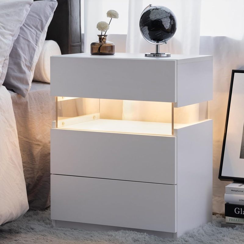 LED Nightstands 3 Drawer Dresser for Bedroom End Table with Acrylic Board LED Bedside Tables for Bedroom Living Room Bedside Furniture (White Stone)