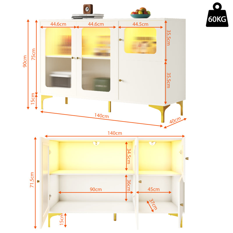 Modernes und schlichtes weißes Sideboard (140 x 40 x 90 cm), Changhong-Glastür-Design, integriertes warmes Umgebungslicht, mit dekorativen Metalldetails und viel Stauraum, geeignet für Esszimmer