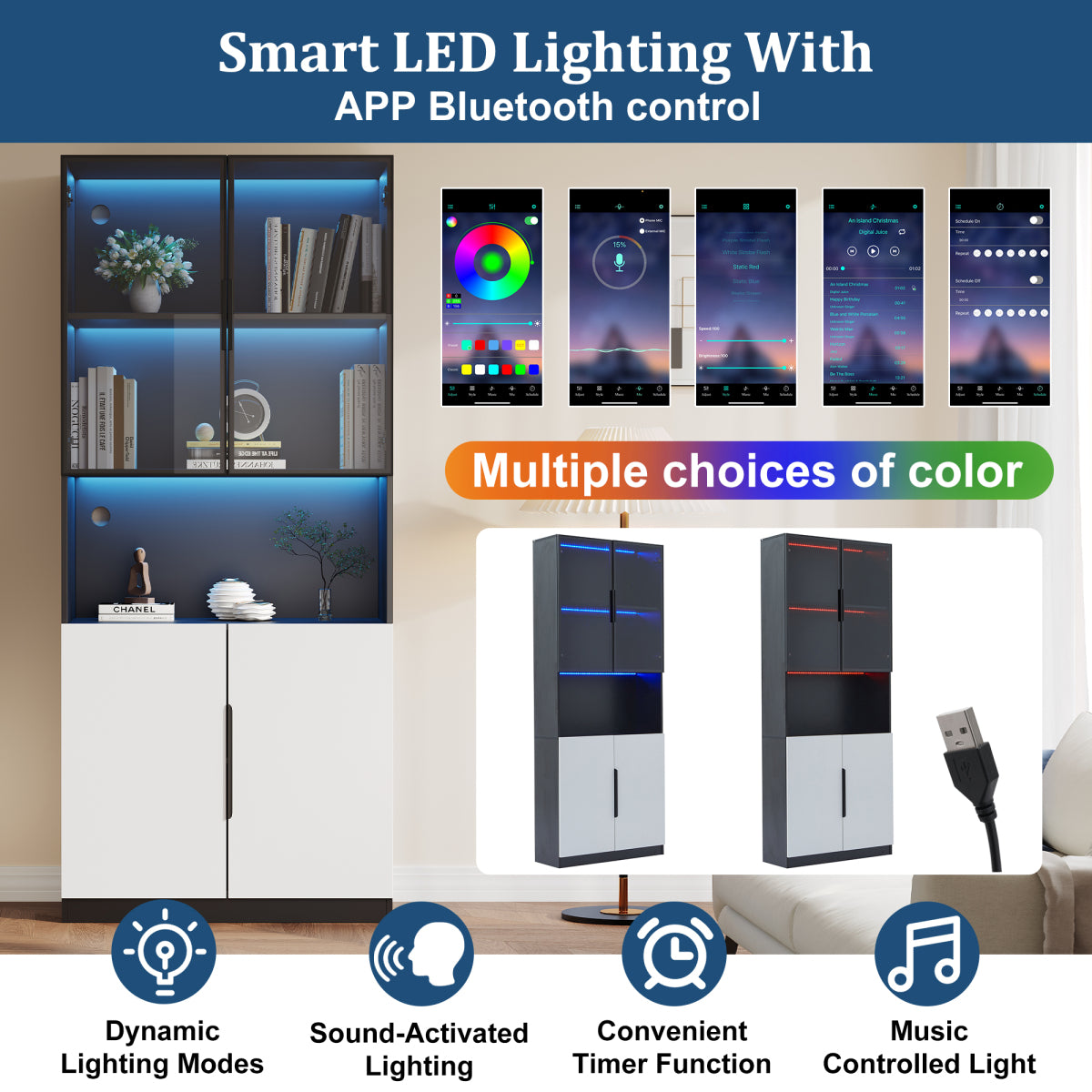 Moderne Vitrine 80x30x200cm Weiß/Schwarz - Glasschrank mit LED, Einstellbare Helligkeit & Farbtemperatur, Sammler-Bücherregal mit Glastüren