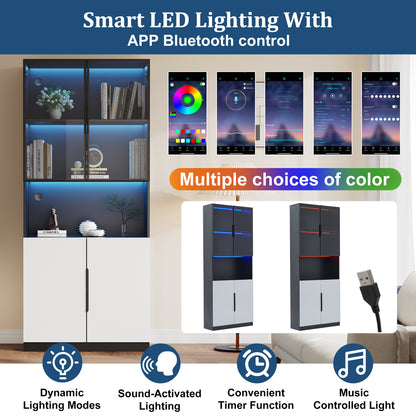 Moderne Vitrine 80x30x200cm Weiß/Schwarz - Glasschrank mit LED, Einstellbare Helligkeit & Farbtemperatur, Sammler-Bücherregal mit Glastüren