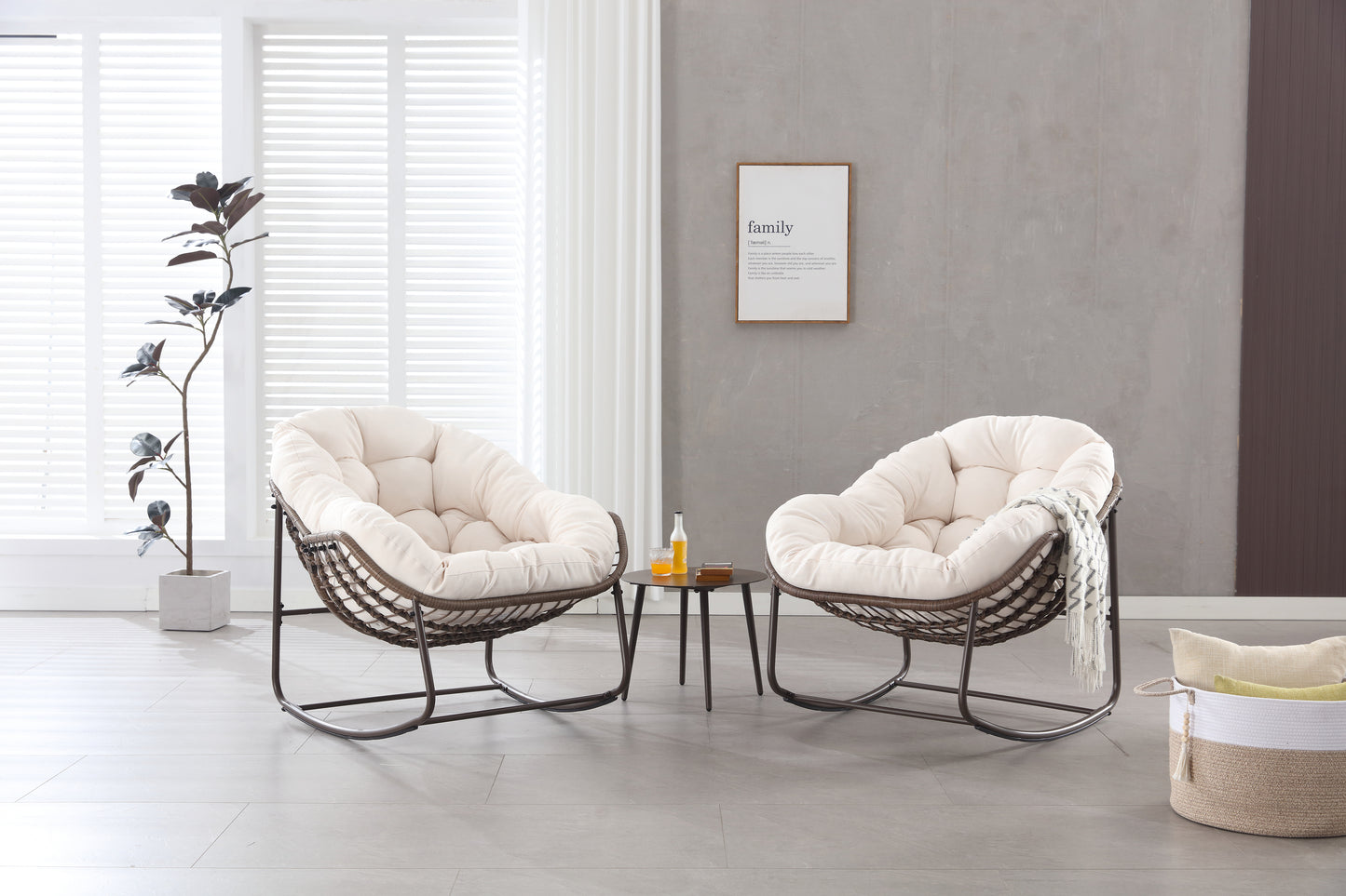 Outdoor Rocking Chair, Patio Oversized Wicker Egg Rocking Chair, Indoor & Outdoor Comfy Rocker Chair with Thick Cushion, Modern Lounge Chair for Balcony, Front Porch, Garden, Backyard, Deck White