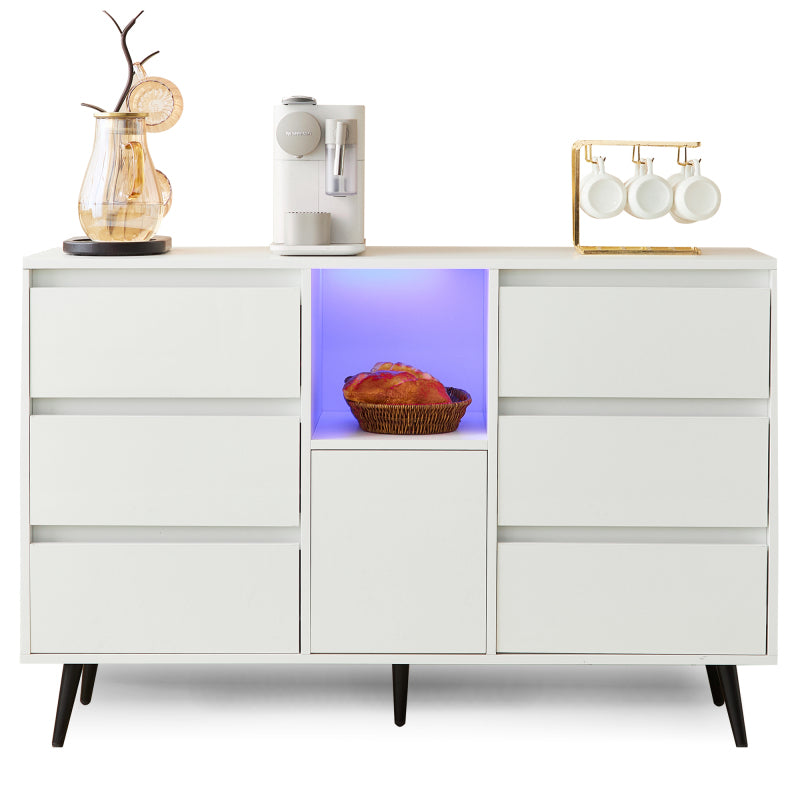 Modernes weißes Sideboard mit LED-Beleuchtung, 6 geräuschlosen Schubladen, Push-Open-Türen, Hochglanzlackierung, mattschwarzen Metallbeinen, 120x40x80 cm – ideal für Küchen, Ess- und Wohnbereiche