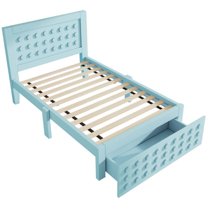 Holzbett Einzelbett 90x200 cm, Kinderbett Jugendbett mit Kreativem Block Design, Massivholz Bettgestell mit Lattenrost, mit Schubladen & Unterm Bett Stauraum, Ohne Matratze