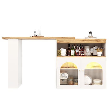 Bartisch ausziehbar 138-193cm, 360° drehbarer Stehtisch mit LED & Glasfront, Bistrotisch mit Regal, Esstisch mit Stauraum, Weiß