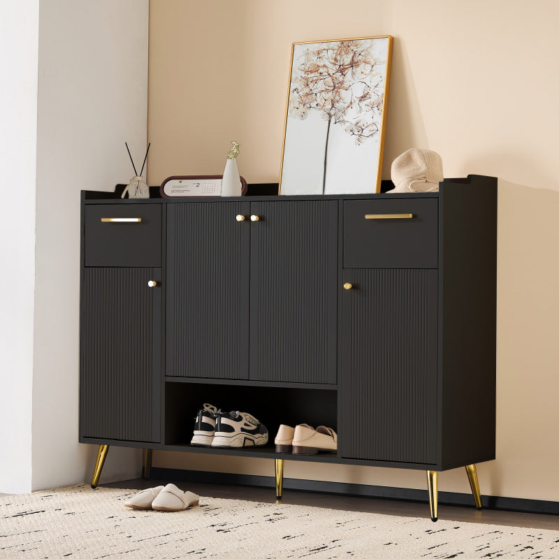 Schuhschrank, Schuhregal mit 2 Schubladen und 4 Türen, Metallfüße, schwarz