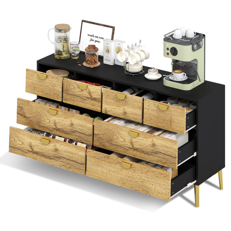 L150*W40*H78cm, Moderne Sideboard mit 8 Schubladen, Schwarz & Holzfarben, Minimalistisches Design, Goldene Metallgriff, Metallfüße, für Wohnzimmer und Esszimmer