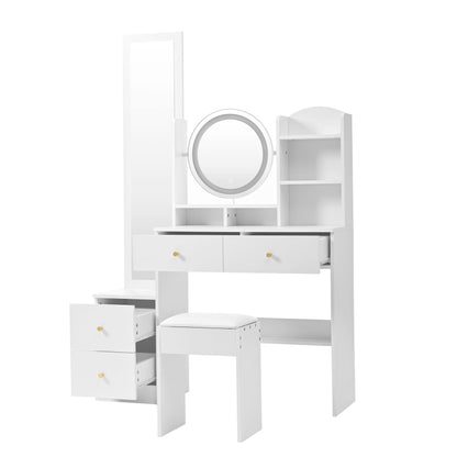 4-in-1 Schminktisch,Make-up Tisch,mit Ganzkörperspiegel und drehbarem Tischspiegel, Weiß