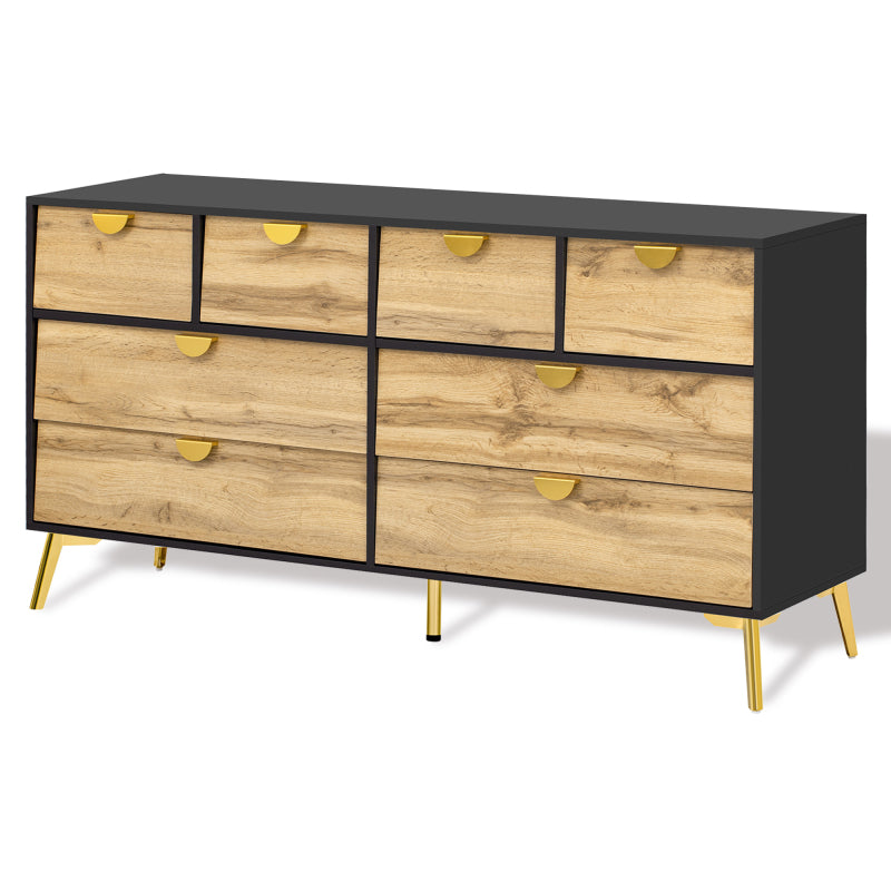 L150*W40*H78cm, Moderne Sideboard mit 8 Schubladen, Schwarz & Holzfarben, Minimalistisches Design, Goldene Metallgriff, Metallfüße, für Wohnzimmer und Esszimmer