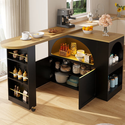 Ausziehbarer Bartisch 135-205cm mit LED & USB, Mobiler Hochtisch Schwarz, Teleskop-Kücheninsel mit Stauraum & Soft-Close, Modernes Bogendesign