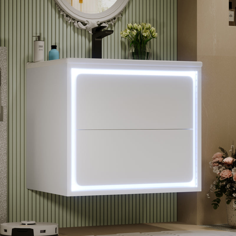 60x46x50cm Wandhängend Badezimmerschränke, komplett lackiert, LED-Radarsensor-Beleuchtung, zwei Schubladen, leise Gleitschienen, Waschtisch,integriertes Waschbecken, weiß