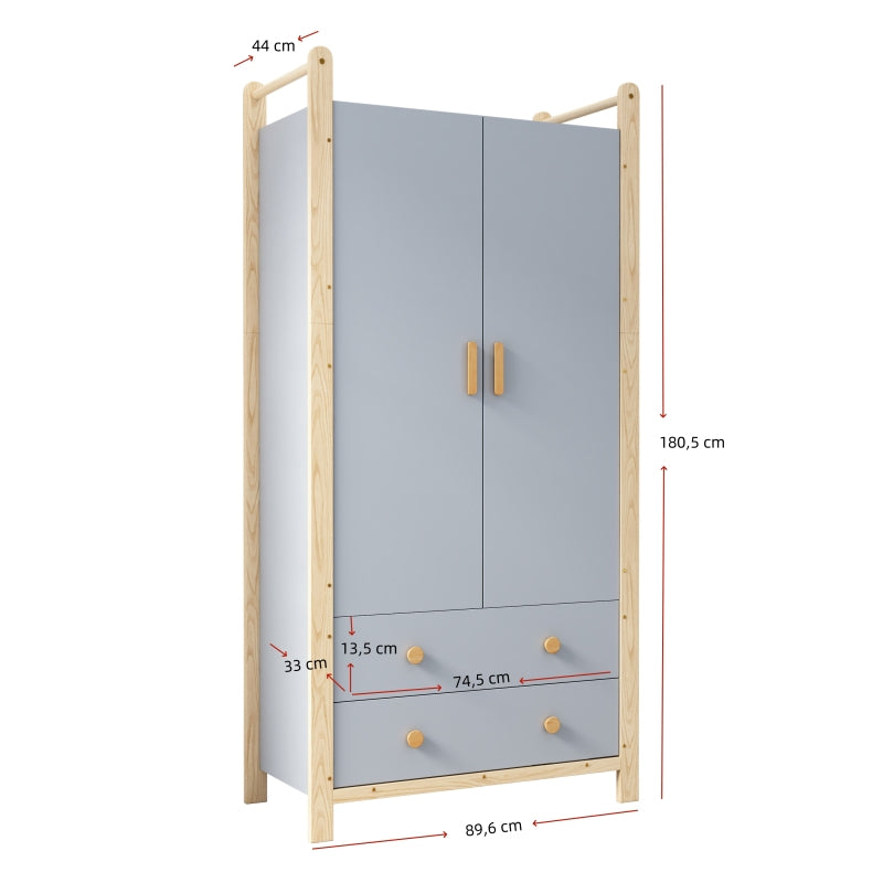 2-türiger Kleiderschrank, Kleiderschrank mit Kleiderstange, für Schlafzimmer, Wohnzimmer, Flurgarderobe geeignet,  blauer Körper + Kieferrahmen