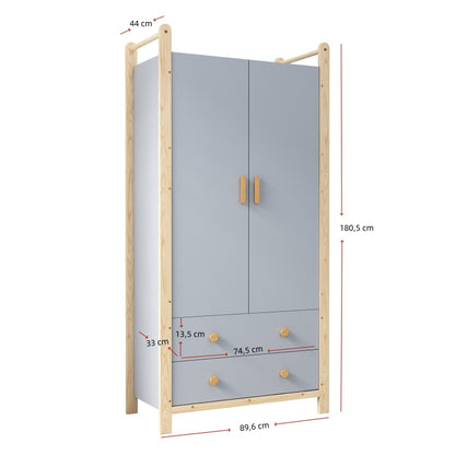 2-türiger Kleiderschrank, Kleiderschrank mit Kleiderstange, für Schlafzimmer, Wohnzimmer, Flurgarderobe geeignet,  blauer Körper + Kieferrahmen