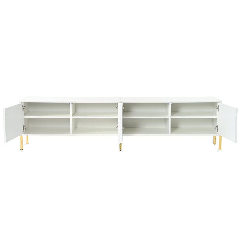 Weißes TV-Schrank, 190 cm lang x 38 cm breit x 48 cm hoch, goldene Tischbeine, gerilltes Türdesign