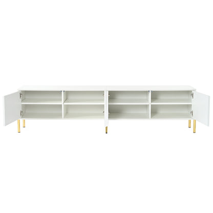 Weißes TV-Schrank, 190 cm lang x 38 cm breit x 48 cm hoch, goldene Tischbeine, gerilltes Türdesign