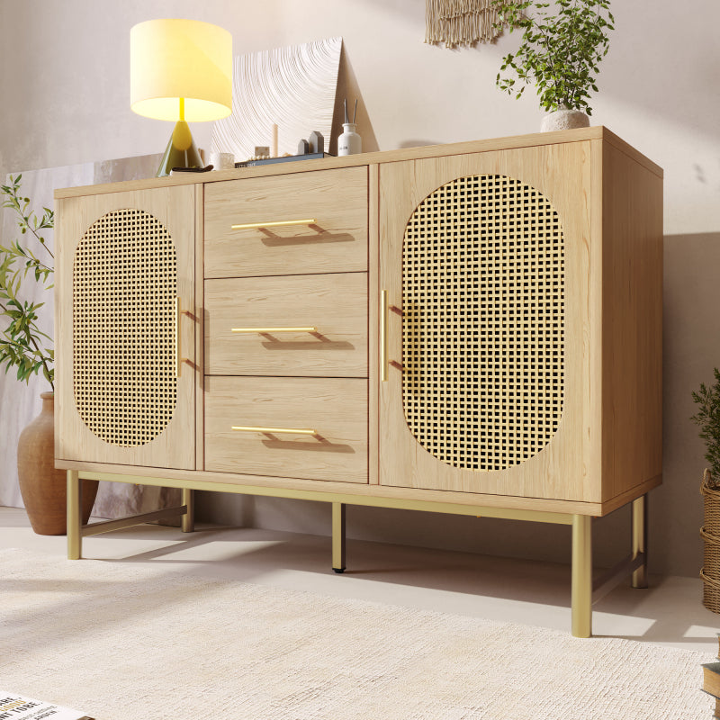 Rattan kommode mit 3-Schubladen und 2-Rattan-Türer,kommode schrank, Schminktisch, für Schlafzimmer und Wohnzimmer, Verstellbare Regale, Kippschutz, 120 x 40 x 74 cm, Sonoma Eiche