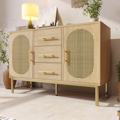Rattan kommode mit 3-Schubladen und 2-Rattan-Türer,kommode schrank, Schminktisch, für Schlafzimmer und Wohnzimmer, Verstellbare Regale, Kippschutz, 120 x 40 x 74 cm, Sonoma Eiche