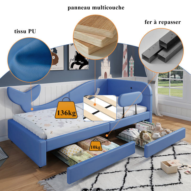 Kinder-Spleißbett, Polsterbett, Tagesbett, Walförmiges Design, Schlafsofa mit Metallbettgestell, 2 Schubladen auf Rollen, PU+MDF+Sperrholz, Blau, 90x200cm