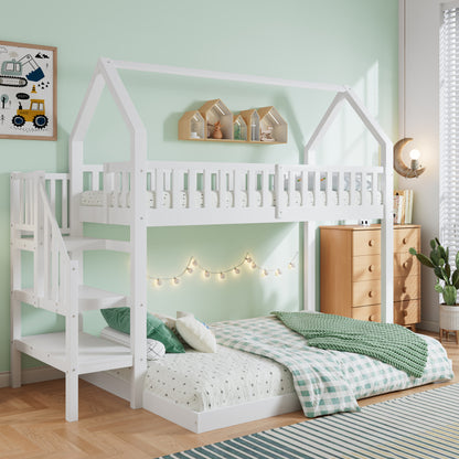 [29994142WAA]Etagenbett, Hausbett mit Treppe, Kinderbett mit Fallschutz und Gitter, Rahmen aus Kiefer, weiß (90x200&140*190cm)