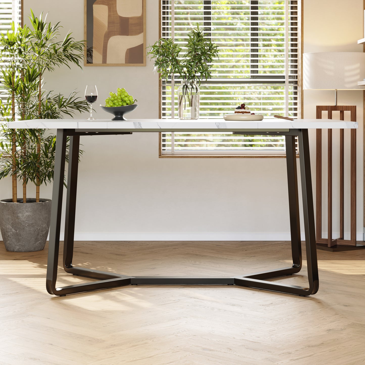 Leichter Luxustisch für 4-6 Personen, geeignet für Esszimmer, Wohnzimmer, MDF marmorierte Tischplatte, schwarze Beine