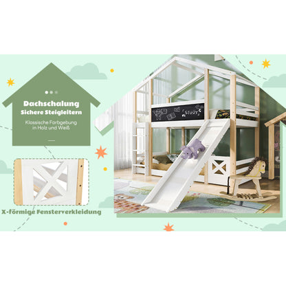 Kinderbett Baumhaus mit Rutsche & Leiter 90 x 200 cm, Hochbett für Kinder– 2x Lattenrost- Natur & Weiß