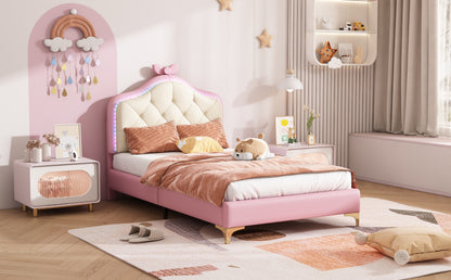 Polsterbett, Einzelbett, Wellenform mit Zugpunkt am Kopfende des Bettes, rosa Schleife, mit mehrfarbigen, wechselnden LED-Streifen, Kinderbett mit Holzlatten, Einzelbett, PU, rosa Bettrahmen, 90x200cm