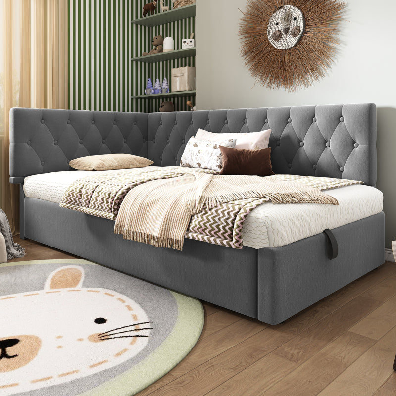 Polsterbett Tagesbett Daybett 90x200cm, Schlafsofa mit hydraulischem Stauraum, Kinderbett Jugendbett Bettgestell mit Lattenrost aus Holz, Samt, Grau, ohne Matratze.