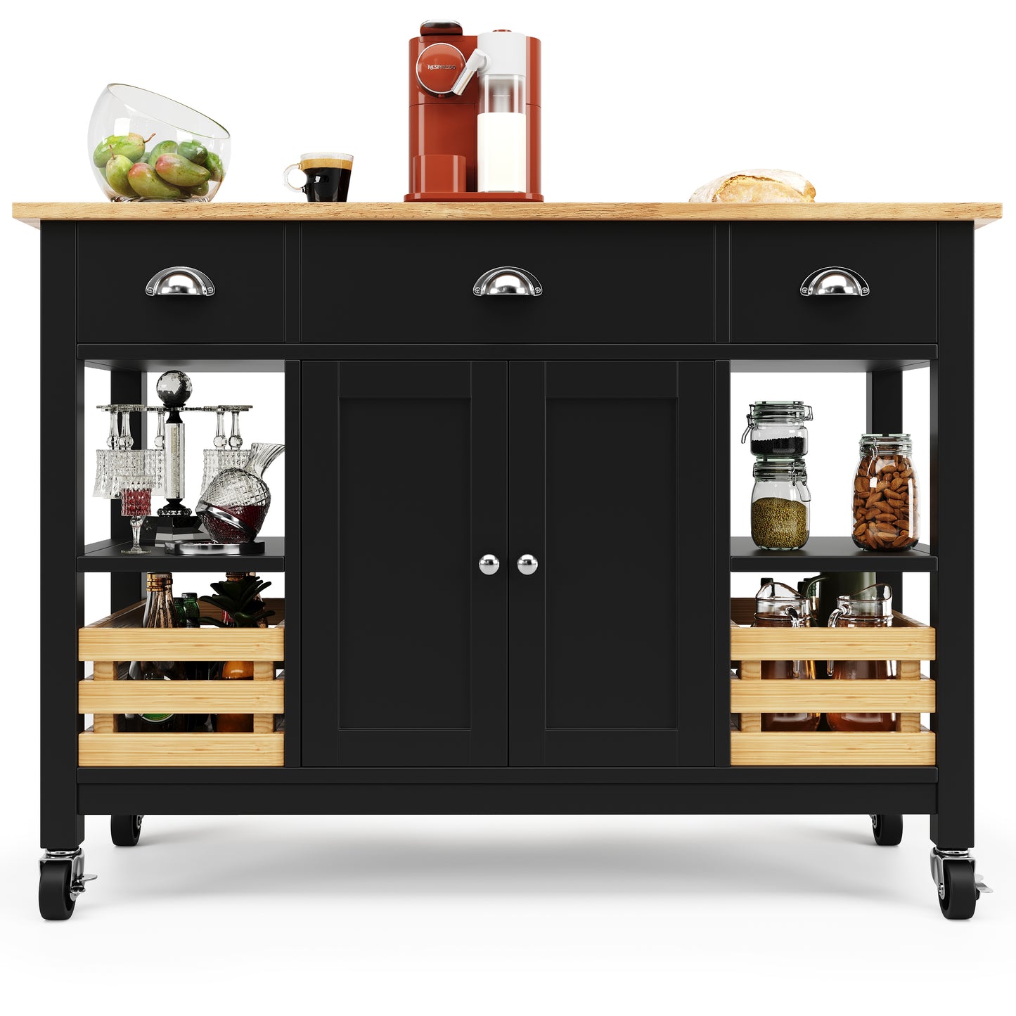Moderne Kücheninsel Küchenschrank mit Kiefernkorb 120x45x90cm Multifunktions Esstisch Servierwagen Holzmaserung Aufbewahrungskorb Schwarz