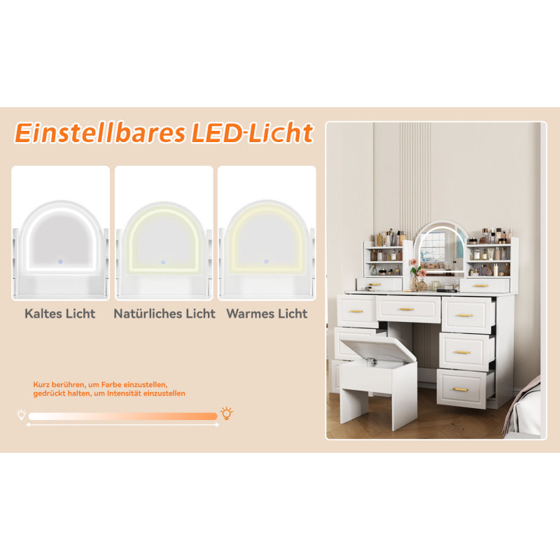 Schminktisch mit Spiegel,Schminktische mit LED-Beleuchtung, Kosmetiktisch mit 9 Schubladen, Frisiertisch, weiß, für Wohnzimmer Schlafzimmer,120x40x135cm