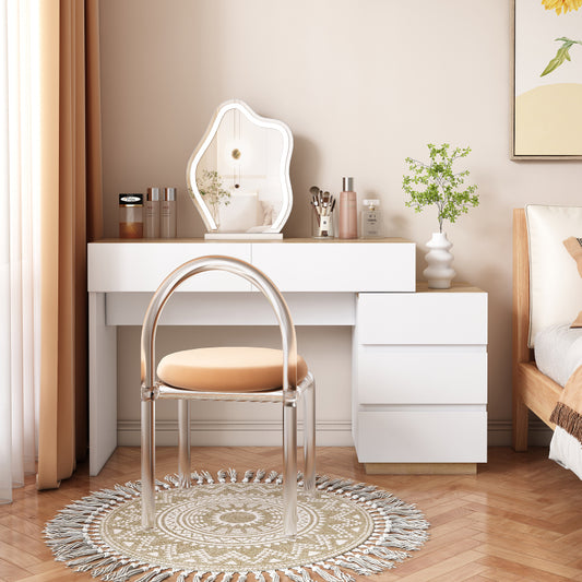 Schreibtisch mit 5 Schubladen,Frisiertisch, Funktion von Aufbewahrung, für Schlafzimmer , E1-Spanplatte, weiß+oak