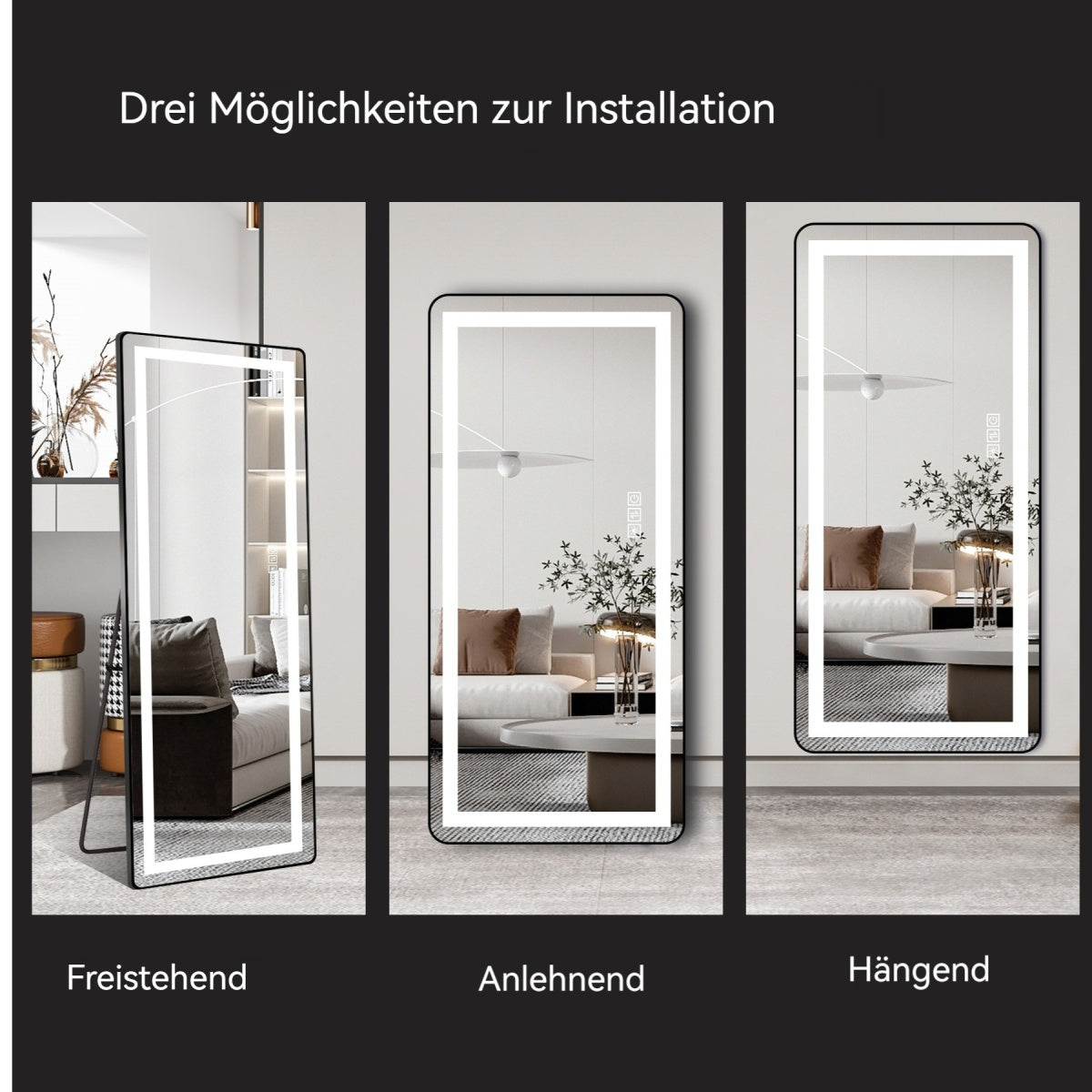 LED Standspiegel 163x54 cm – dimmbar, Aluminiumrahmen, 3 Lichtfarben, Wand- & Bodenmontage, Schwarz