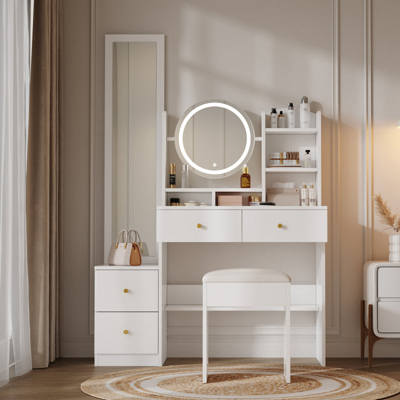 4-in-1 Schminktisch,Make-up Tisch,mit Ganzkörperspiegel und drehbarem Tischspiegel, Weiß