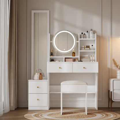 4-in-1 Schminktisch,Make-up Tisch,mit Ganzkörperspiegel und drehbarem Tischspiegel, Weiß