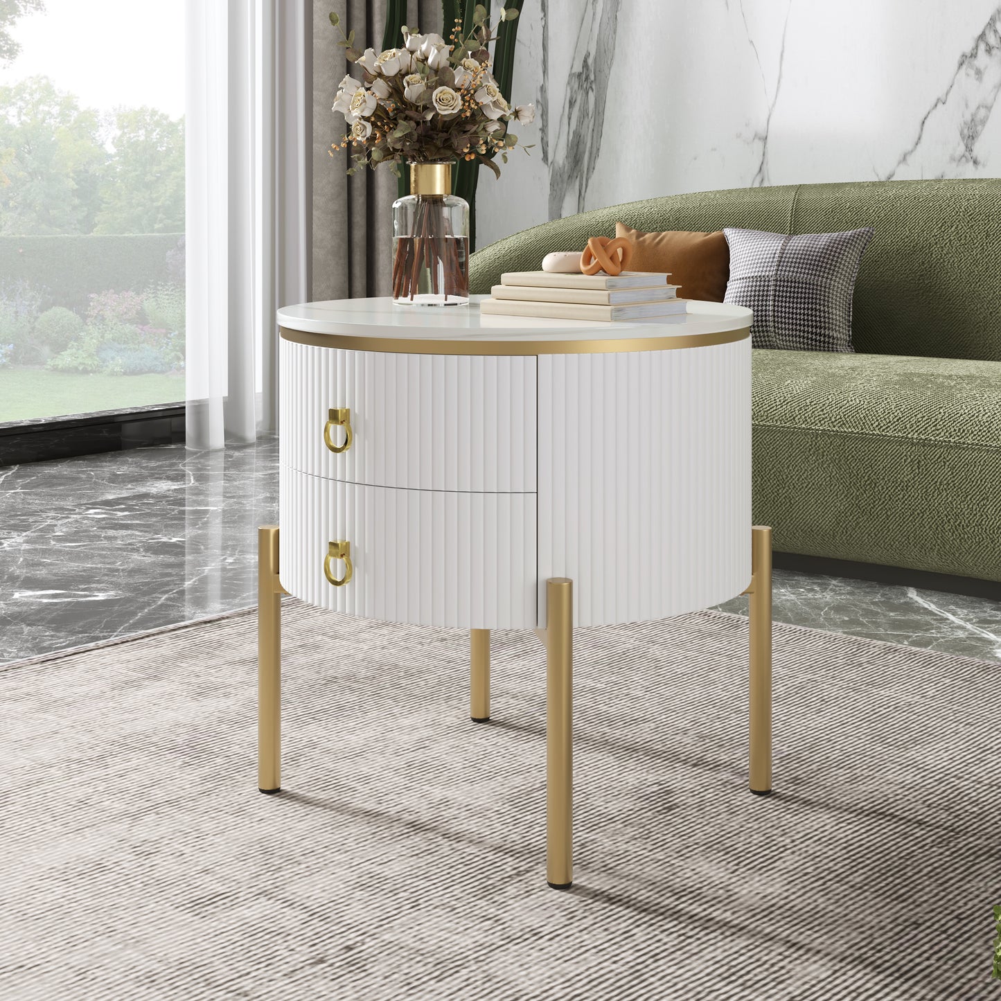 Beistelltisch, Couchtisch mit Schubladen, Marmorstruktur, goldenen Beinen und Griffen