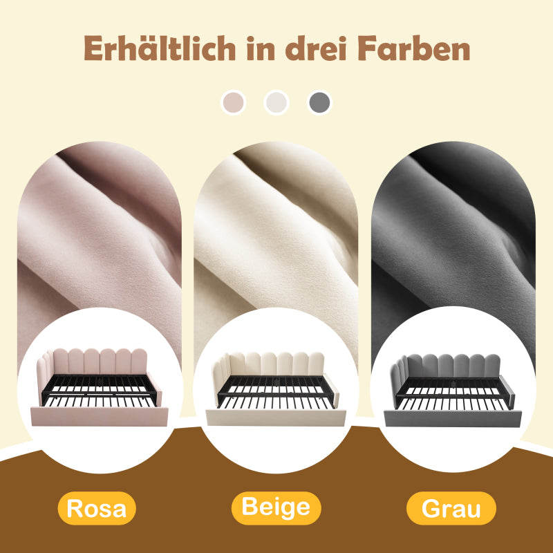 Polsterbett Daybett 90x200cm,Tagesbett Schlafsofa mit Ausziehbett 90x190cm, Kinderbett mit Lattenrost, Samt,Beige, ohne Matratze