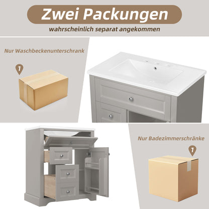 76x46x87cmBodenstehender Badezimmerschrank mit Waschbeck, Waschtisch, feuchtigkeitsbeständig lackiert, Soft-Close-Schubladenführungen, Türregale,ausklappbare Schublade,verstellbare Ablagefläche, grau