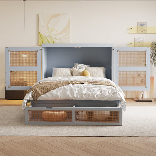 Schrankbett 140 x 200 cm, Wandbett mit Lattenrost, Wandklappbett, Rattan-Design, Holzbetten, Jugendbetten, Einzelbetten, Grau