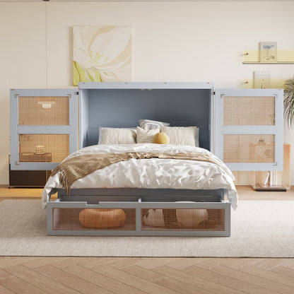 Schrankbett 140 x 200 cm, Wandbett mit Lattenrost, Wandklappbett, Rattan-Design, Holzbetten, Jugendbetten, Einzelbetten, Grau