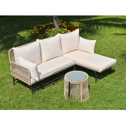 Gartenlounge-Set, Gartenmöbel-Set, Gartenlounge mit Eisengestell und beigem Seilbezug, Gartenmöbel aus gewebtem Seil für den Außenbereich, L-förmiges Gesprächsset mit Tisch, Beige