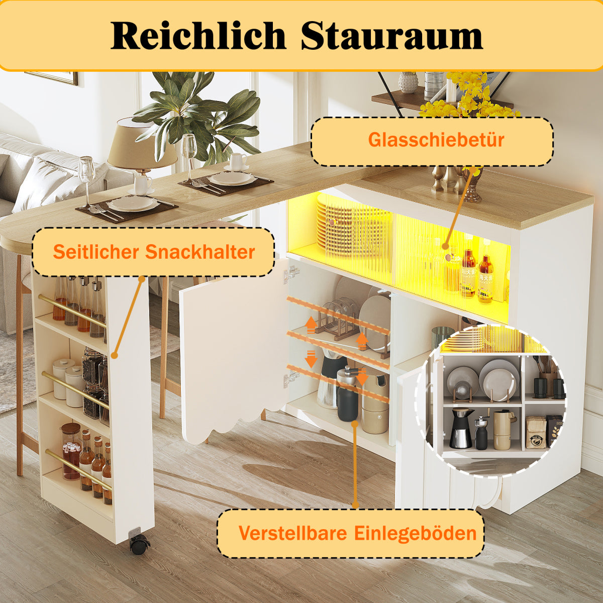 Ausziehbarer Bartisch 135-205cm mit LED & USB, Mobiler Hochtisch Weiß, Teleskop-Kücheninsel mit Glas-Schiebetür & Soft-Close, Gestreift
