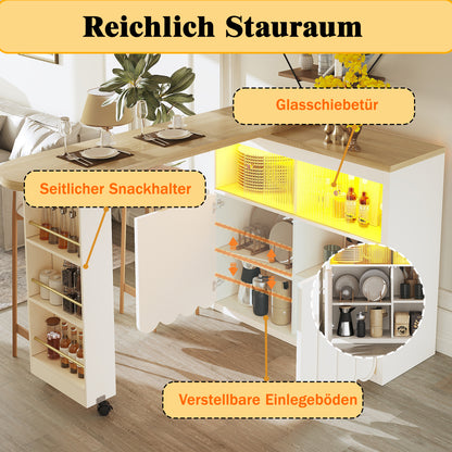 Ausziehbarer Bartisch 135-205cm mit LED & USB, Mobiler Hochtisch Weiß, Teleskop-Kücheninsel mit Glas-Schiebetür & Soft-Close, Gestreift