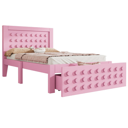 Holzbett Einzelbett 90x190 cm, Kinderbett Jugendbett mit Kreativem Block Design, Massivholz Bettgestell mit Lattenrost, mit Schubladen & Unterm Bett Stauraum, Rosa, Ohne Matratze