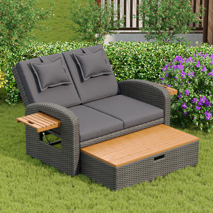 Garten-Lounge-Sessel-Set für 2 Personen, graues Rattan, verstellbare Rückenlehne, Stützfuß, mit Fußhocker oder als Outdoor-Bett nutzbar, mit Rückenkissen und Sitzkissen (previous sku:HW24020AAA)