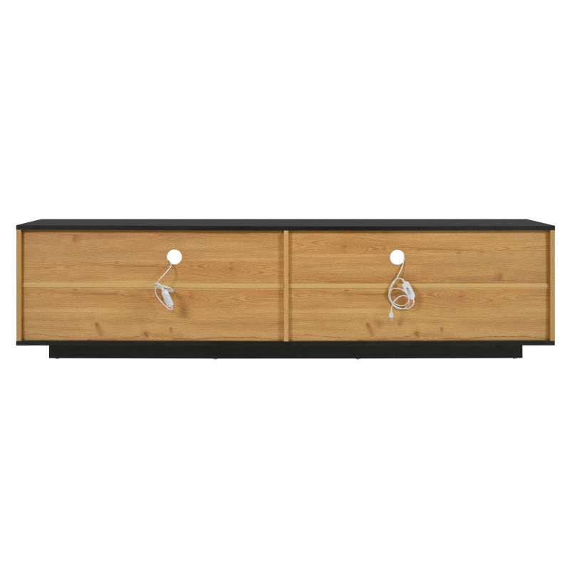 TV-Schrank mit einer Schublade, drei Türen, zwei offene Fächer mit Glas TV-Möbel, TV-Board, TV-Lowboard Feinstruktur. Schwarze und natürliche Holzfarben. 15 variable LED-Leuchten.