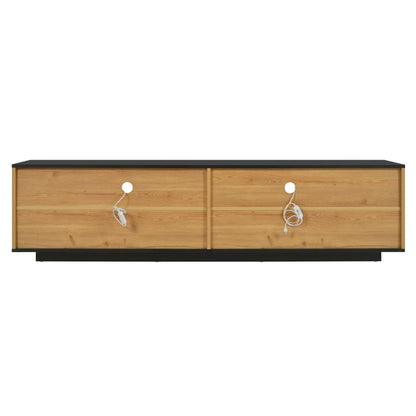 TV-Schrank mit einer Schublade, drei Türen, zwei offene Fächer mit Glas TV-Möbel, TV-Board, TV-Lowboard Feinstruktur. Schwarze und natürliche Holzfarben. 15 variable LED-Leuchten.