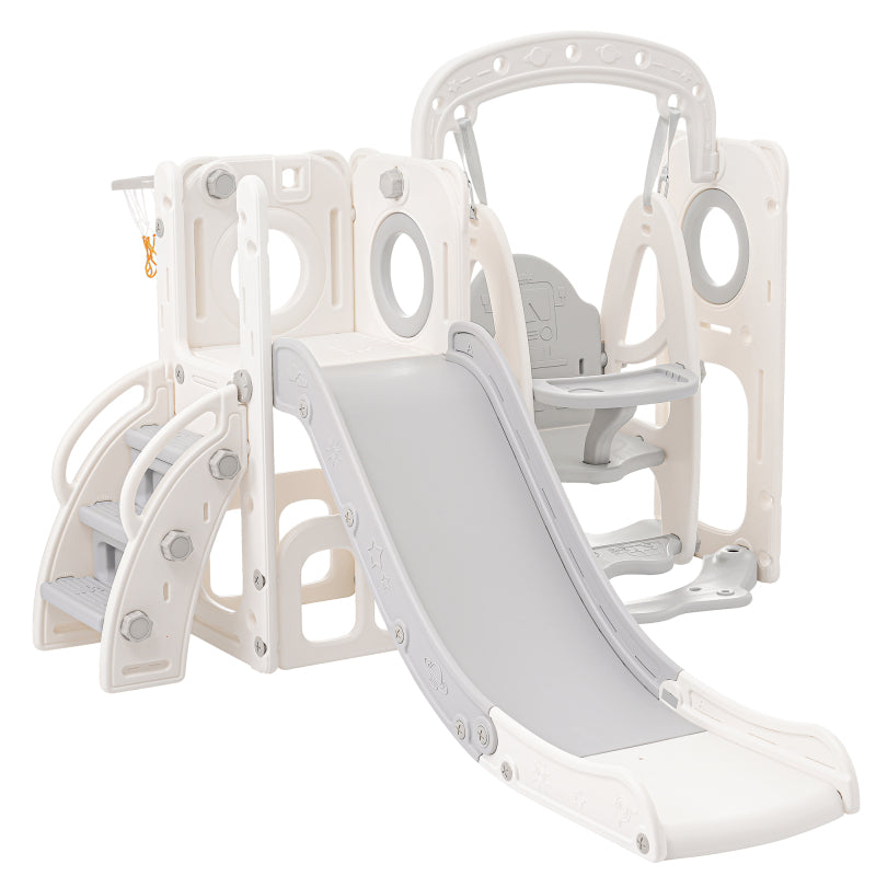 5 in 1 Kinderrutsche, bestehend aus Rutsche, Schaukel, Unterschrank, Basketballkorb und Treppe - HDPE (exkl. Ozeanball)